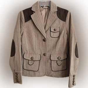 Rough Hewn 100% Cotton Tweed Lined Blazer, Faux Suede Patches, Buttons, Size S